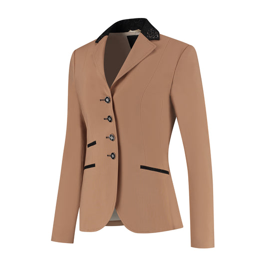 Side of light brown JuulC Ladies' Show Coat in Caramel with black glitter accents and rosegold Swarovski details