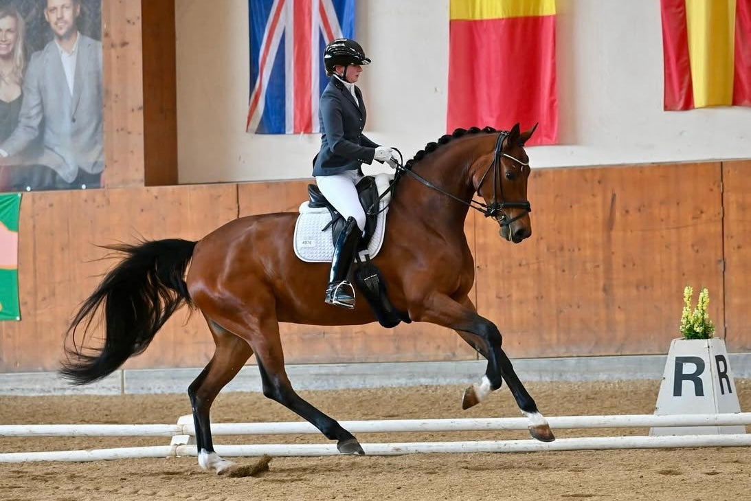 Lea Pointinger showing an extended canter with her bay horse, in a JuulC competition coat 
