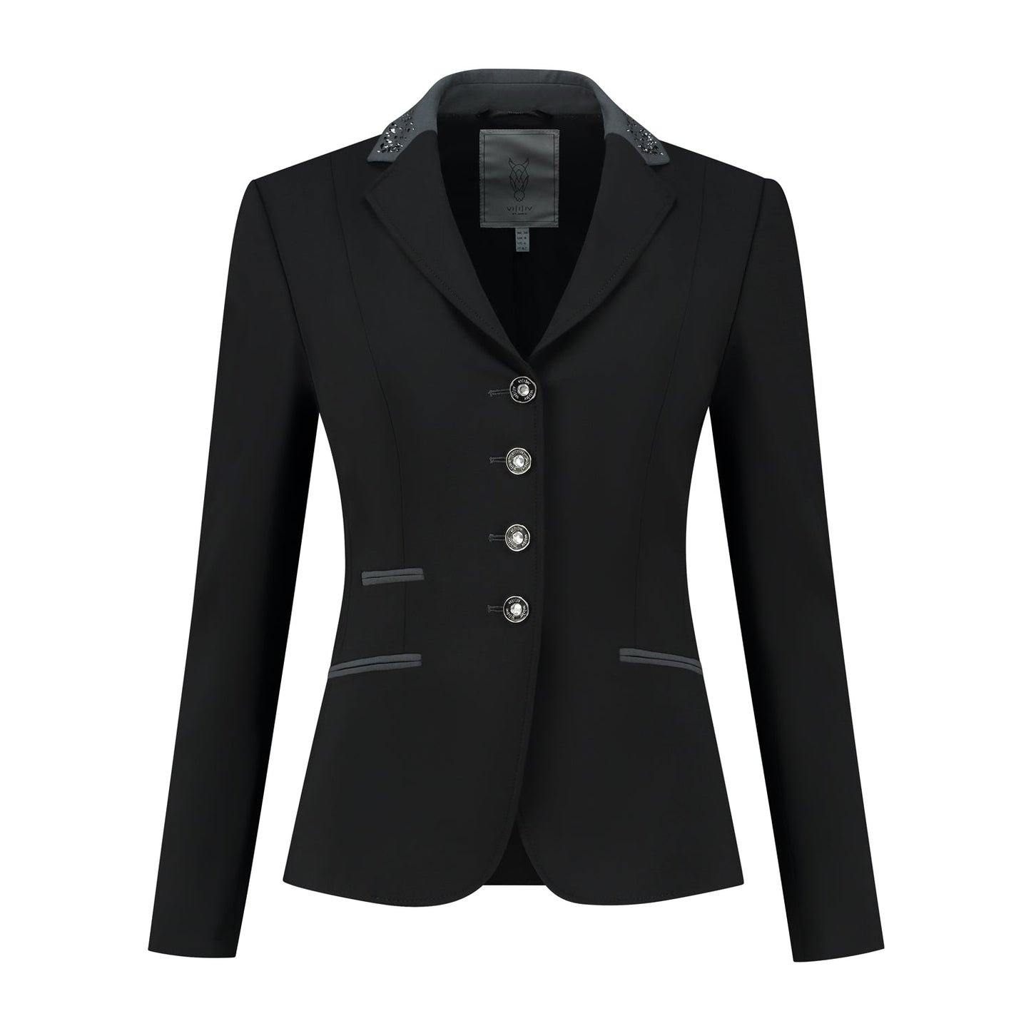 Front of black JuulC Women's Competition Jacket with anthracite grey accents and Swarovski crystals