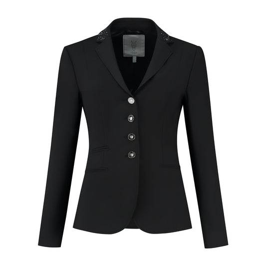Front of black JuulC Women's Show Jacket with tone-on-tone accents and Swarovski crystals