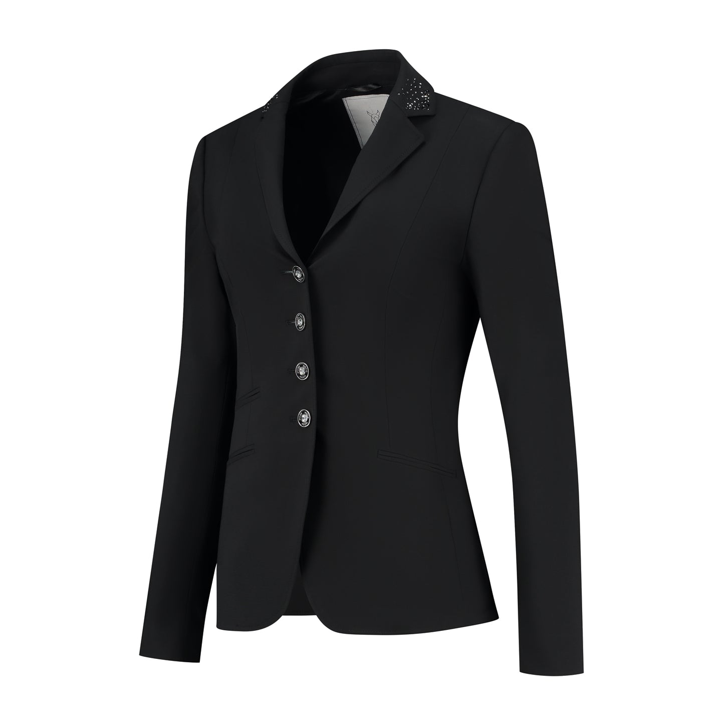 Side of JuulC Ladies' Show Coat in Black Sparkle with tone-on-tone accents and details