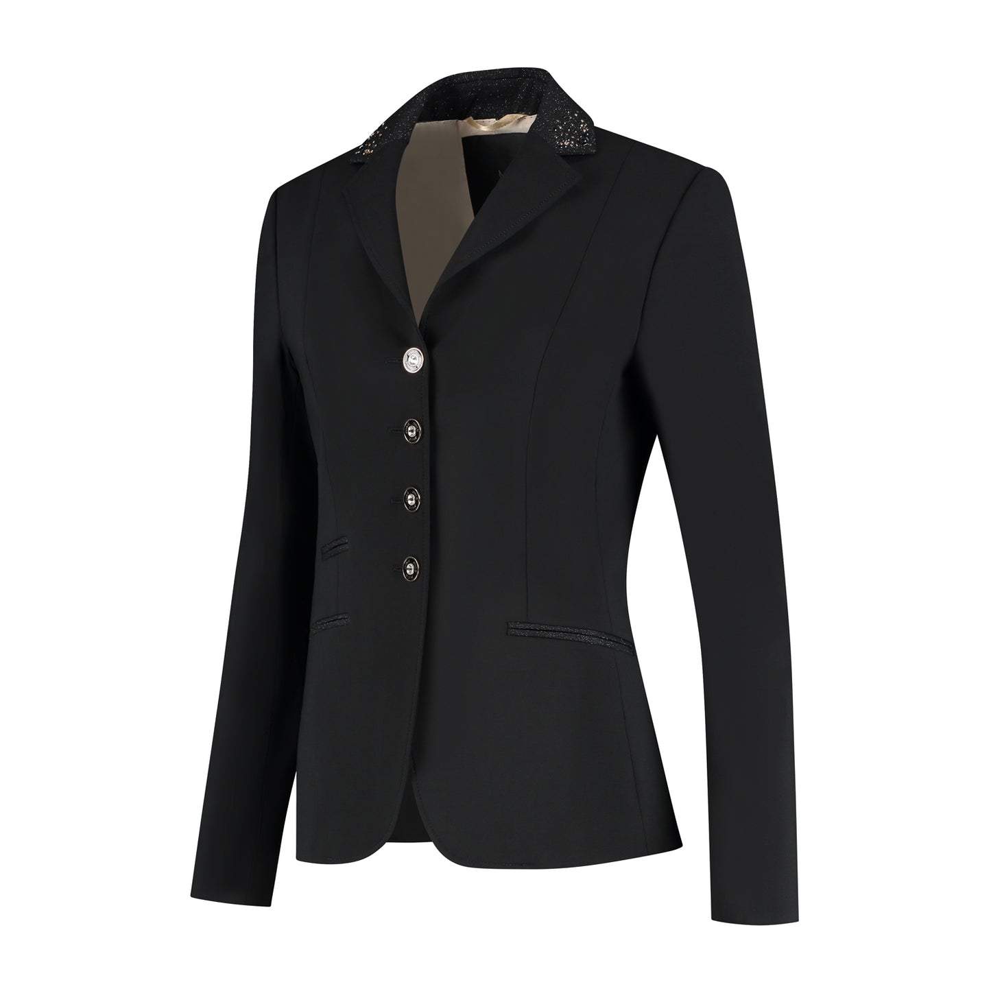 Side of JuulC Ladies' Show Coat in Black Stardust with tone-on-tone glitter accents and details