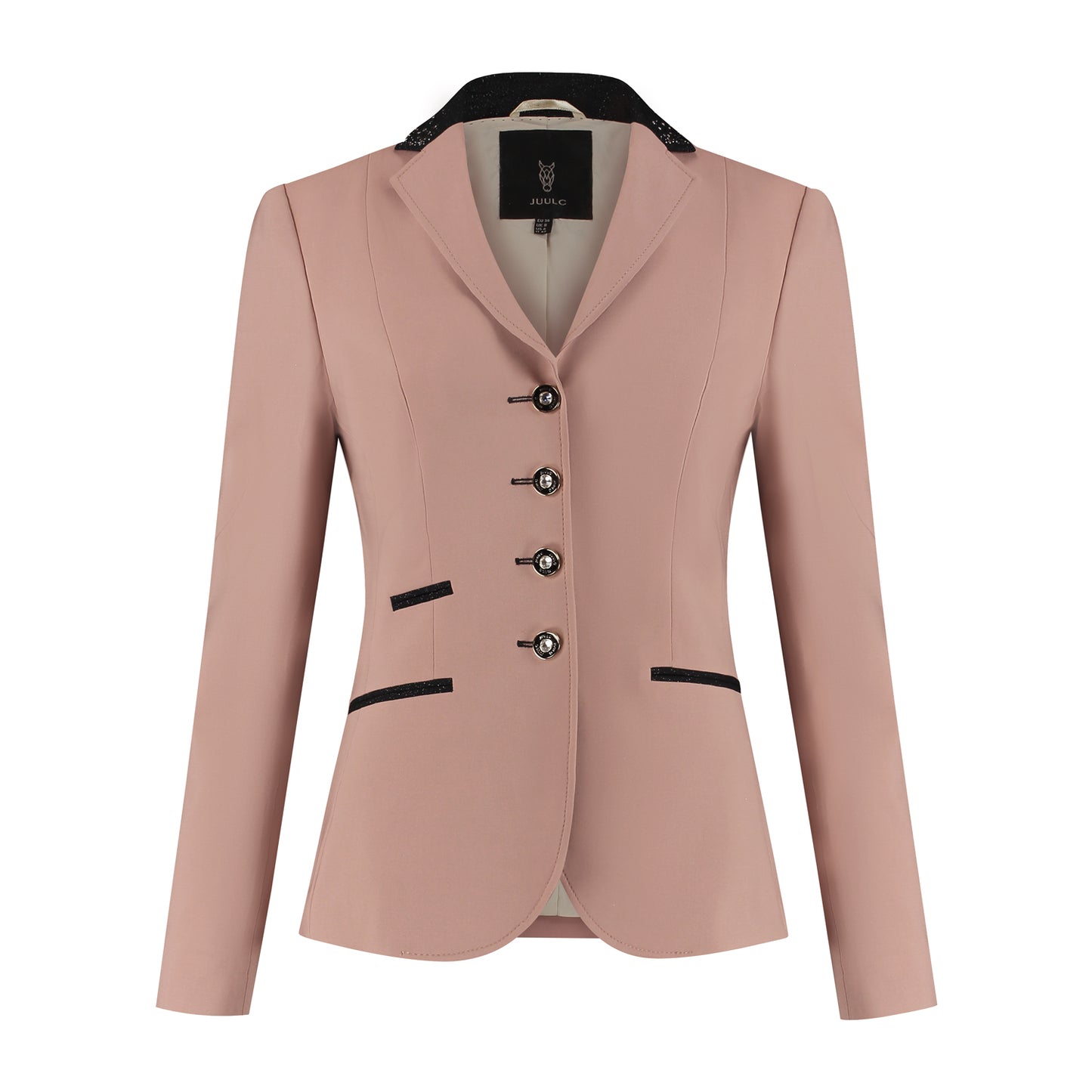 Front of pink JuulC Women's Show Coat with black glitter fabric accents and Swarovski crystals