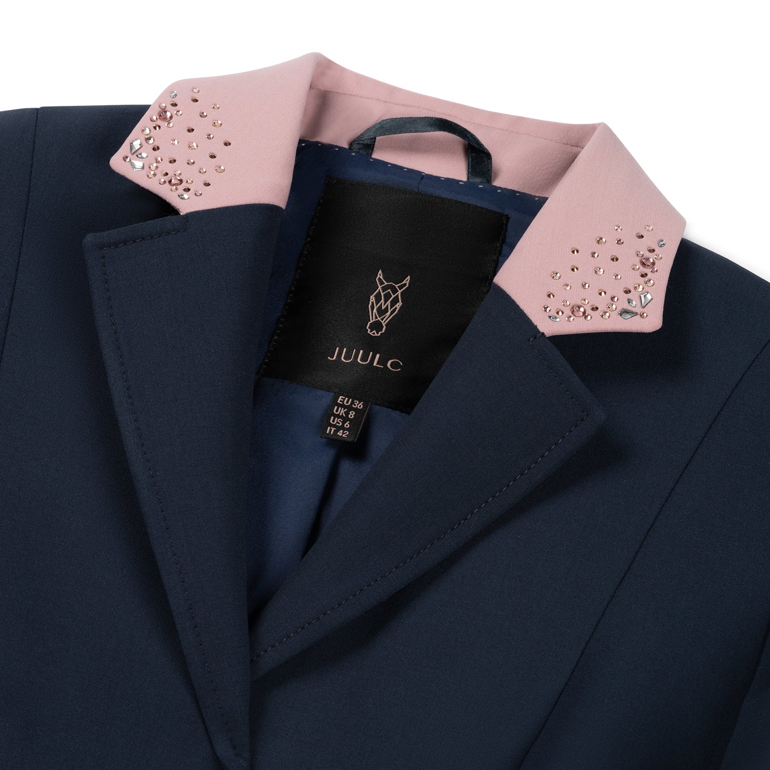 Detail of the pink collar of JuulC' Midnight Powder Ladies' Show Coat with silver, rosegold and pink Swarovski crystals