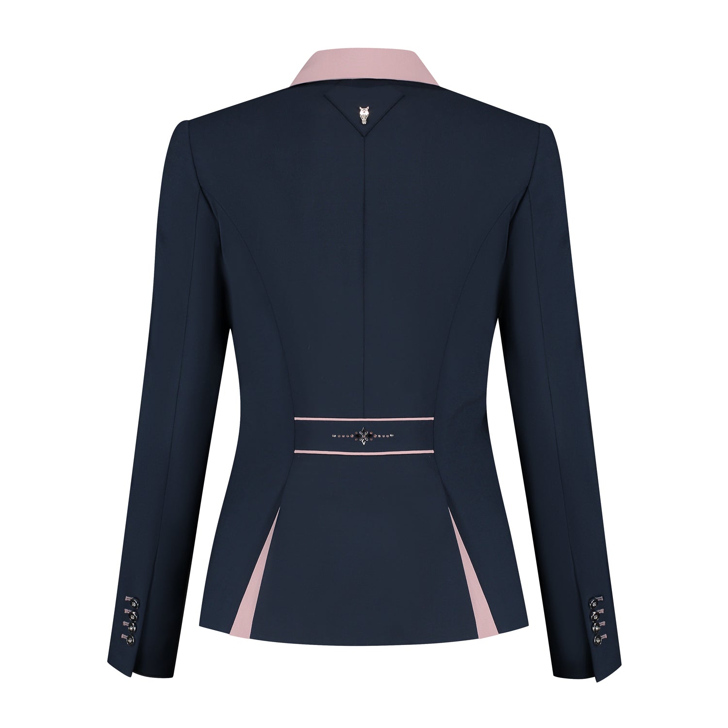 Back of dark blue JuulC Women's competition jacket in Midnight Powder with pink details and silver/rosegold Swarovski design on the back strap