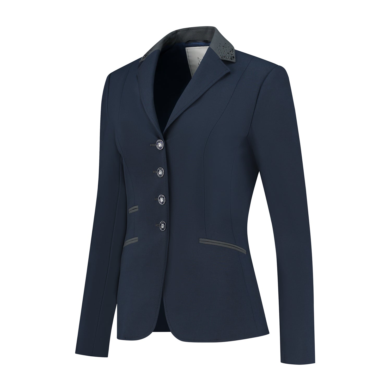 Side of JuulC Ladies' Show Coat in Navy Diamond with anthracite grey accents and Swarovski details