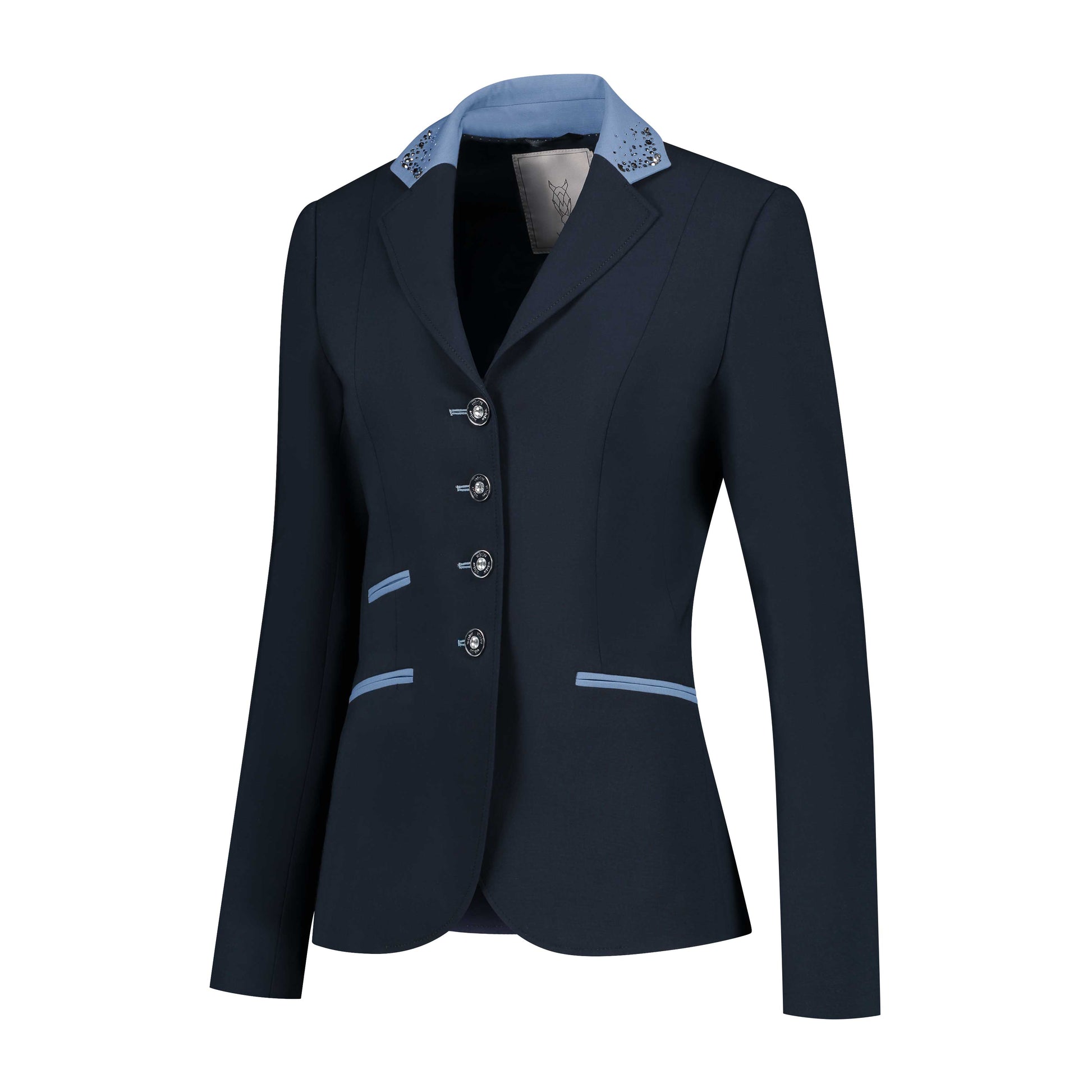 Side of JuulC Ladies' Show Coat in Navy Light Blue with contrasts and Swarovski details