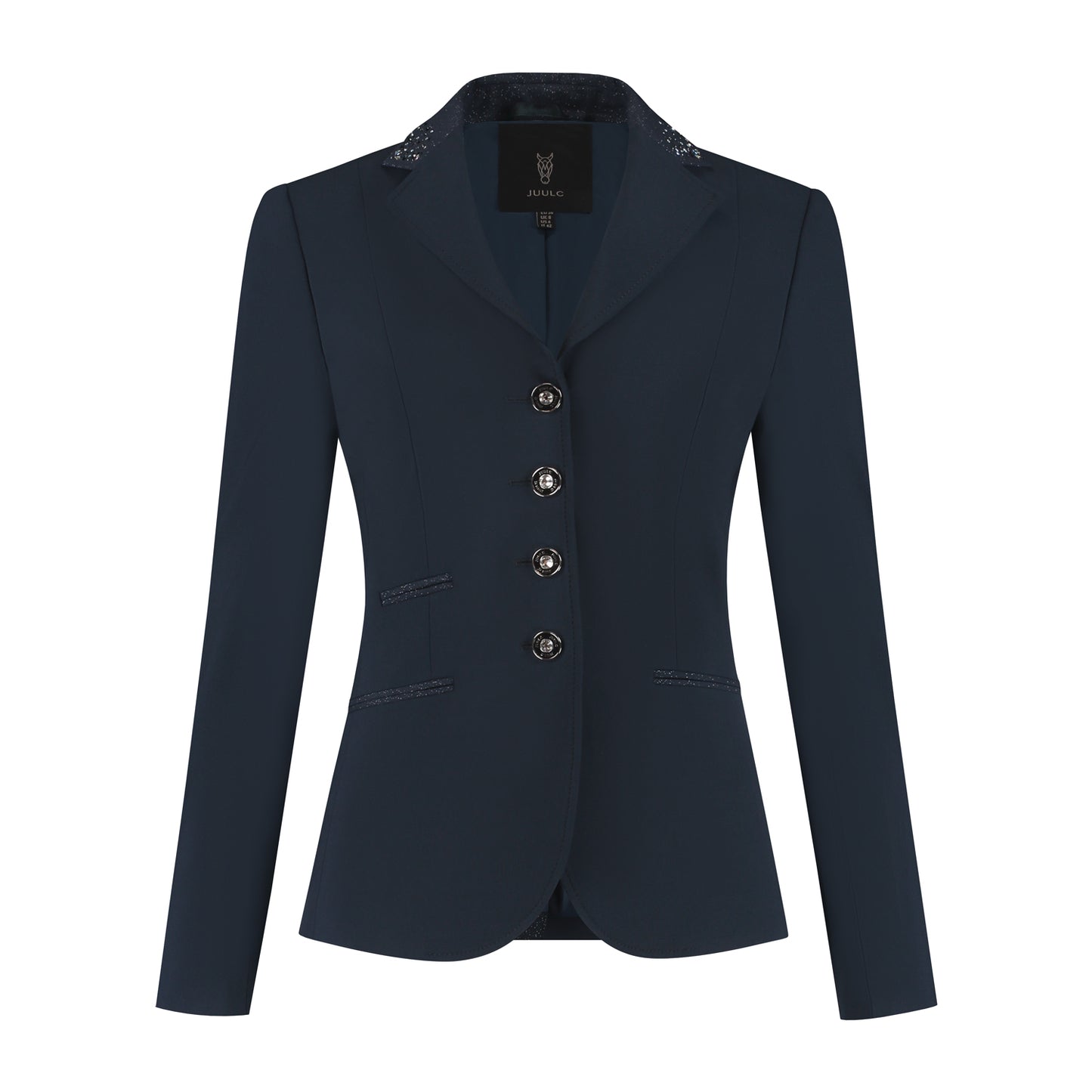 Front of dark blue JuulC Women's Show Coat in Navy Stardust with glitter fabric accents and Swarovski crystals