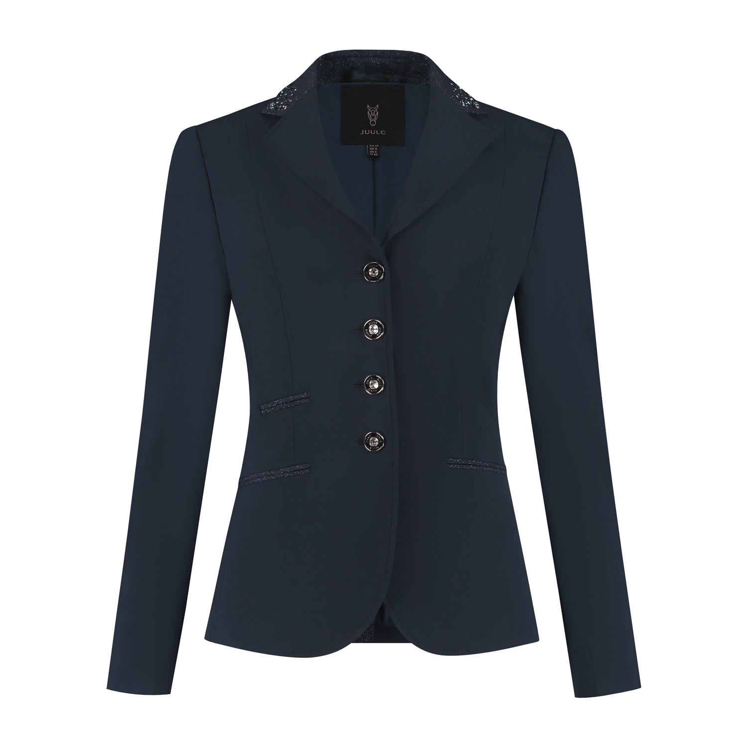 Front of dark blue JuulC Women's Show Coat in Navy Stardust with glitter fabric accents and Swarovski crystals