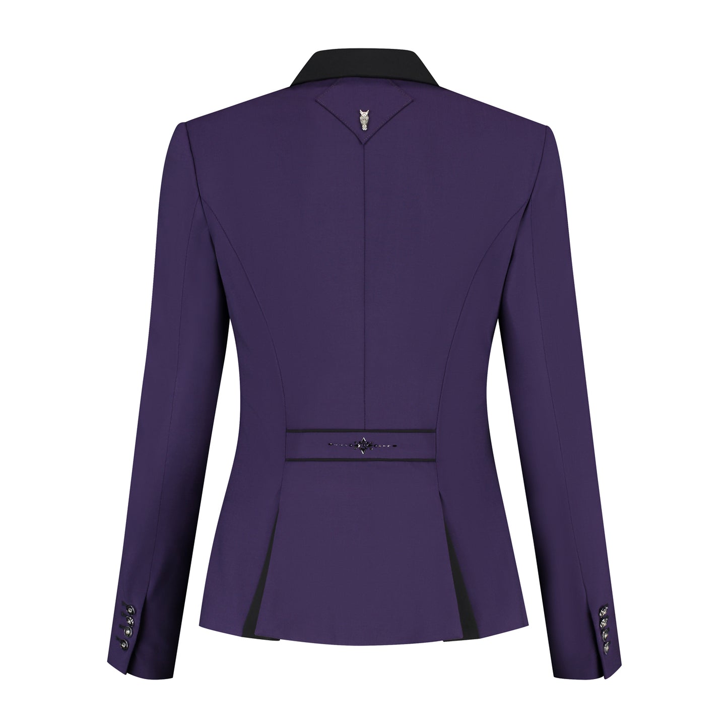 Back of purple JuulC Ladies' Show Coat in Shadow Amethyst with black accents and Swarovski design on the back strap