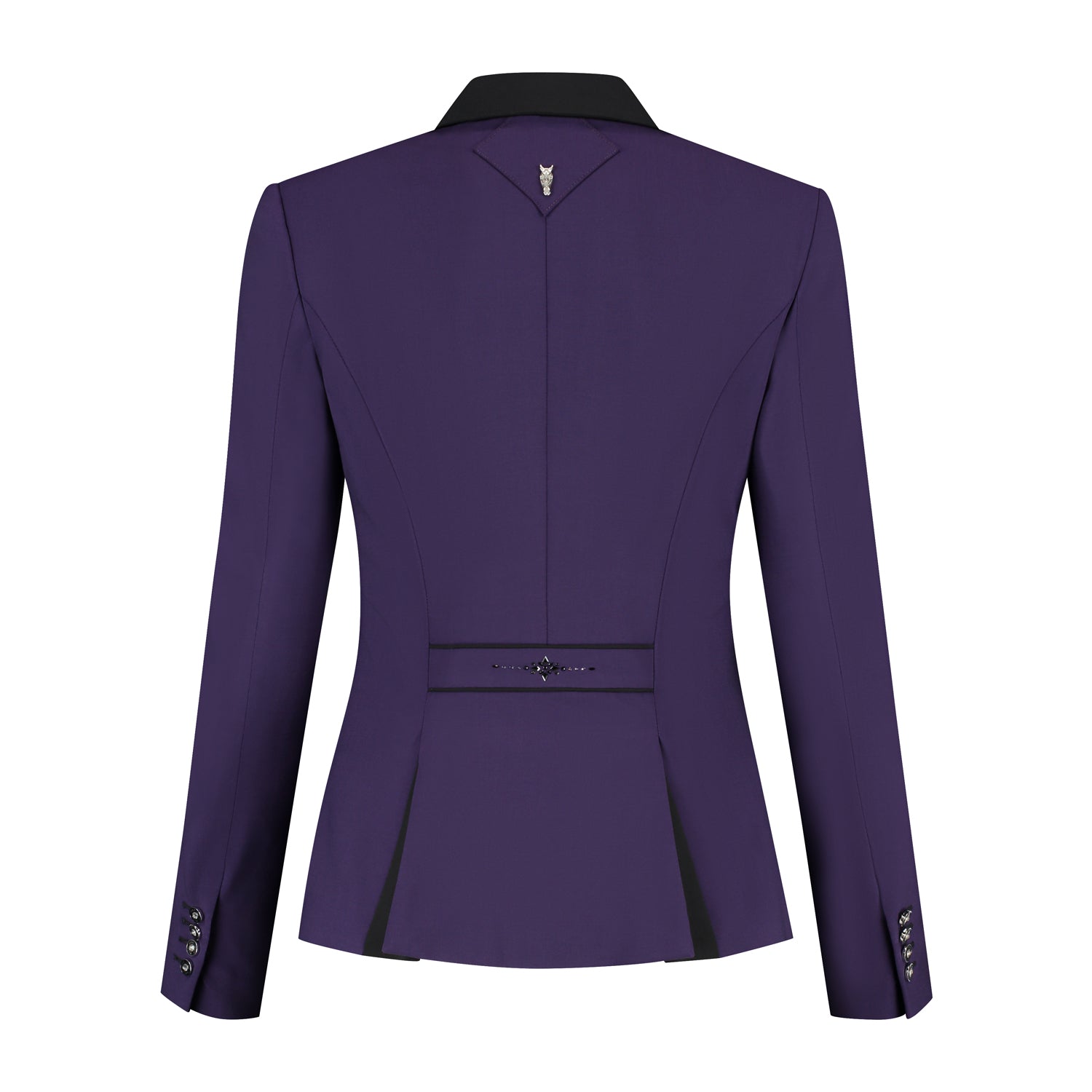 Back of purple JuulC Ladies' Show Coat in Shadow Amethyst with black accents and Swarovski design on the back strap