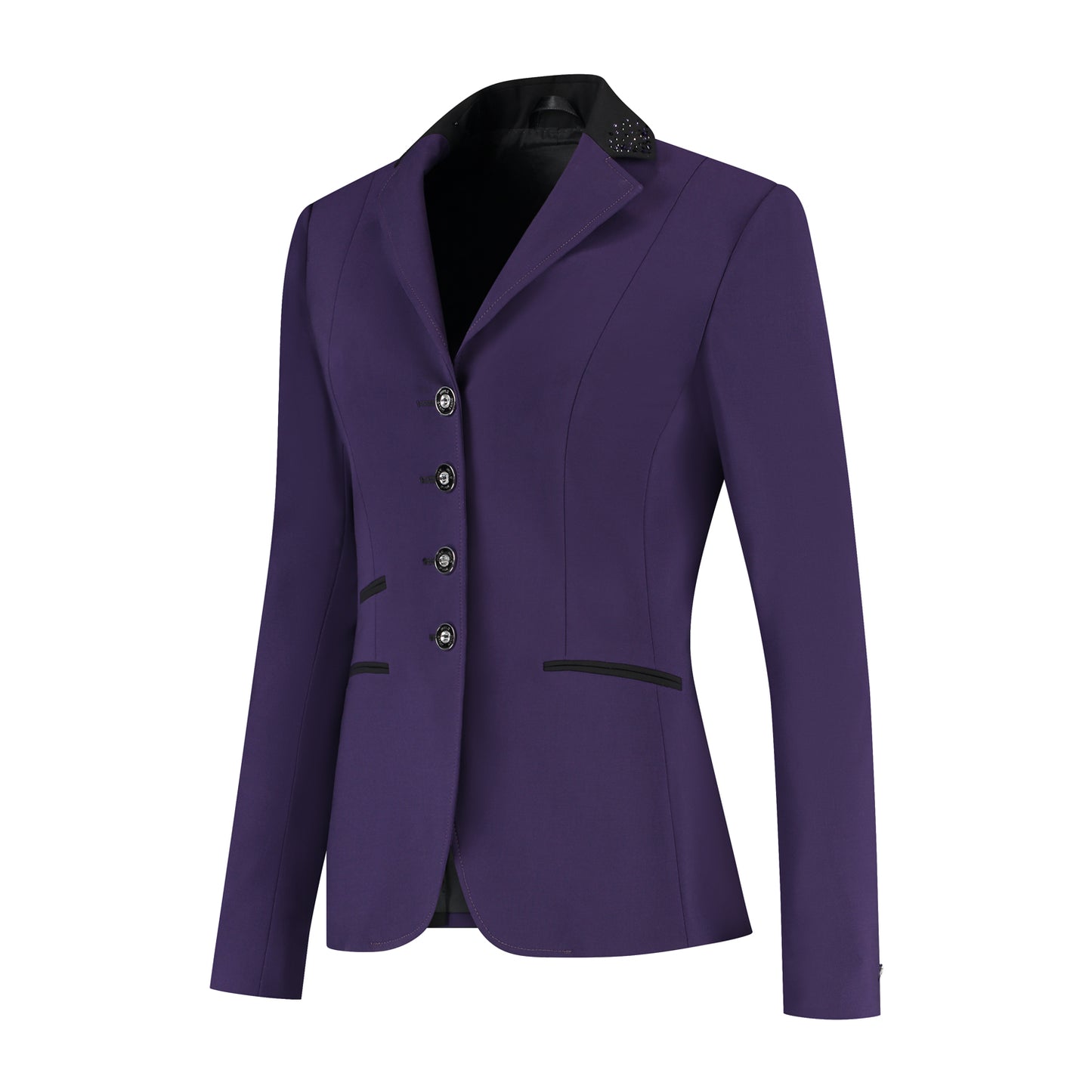 Side of purple JuulC Women's Competition Jacket in Shadow Amethyst with black accents and Swarovski crystals