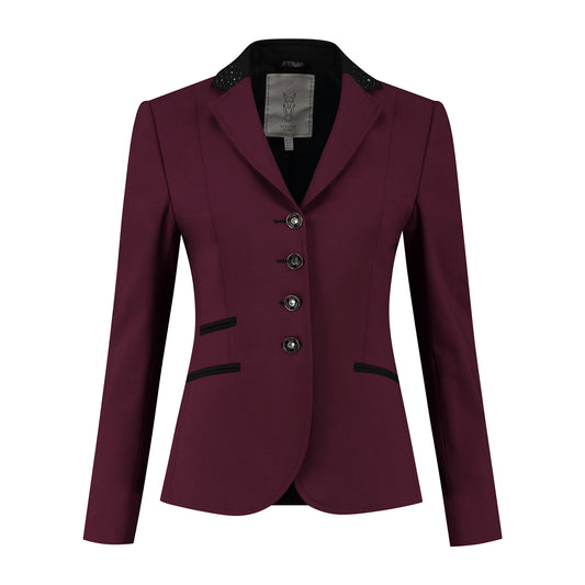 Front of burgundy JuulC Women's Competition Jacket with black contrasting accents and Swarovski crystals