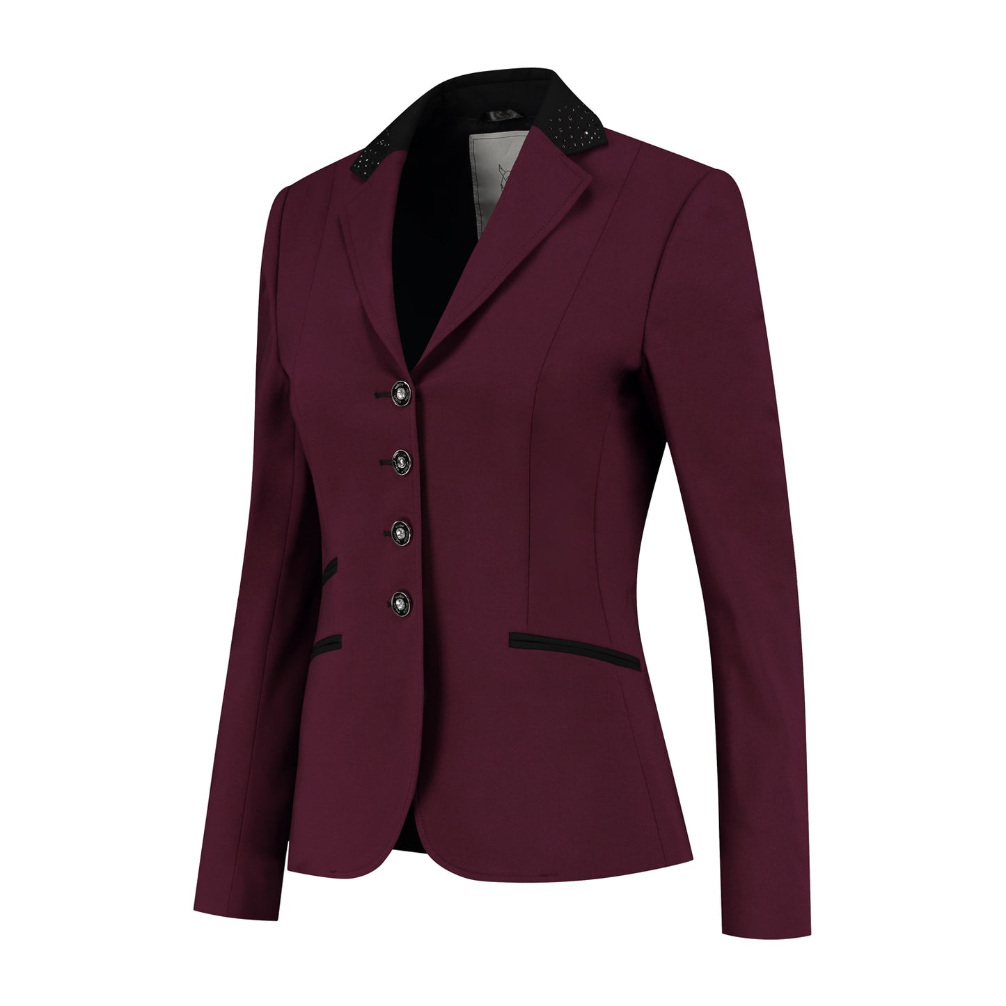 Side of JuulC Ladies' Show Coat in Burgundy with black accents and glitter details
