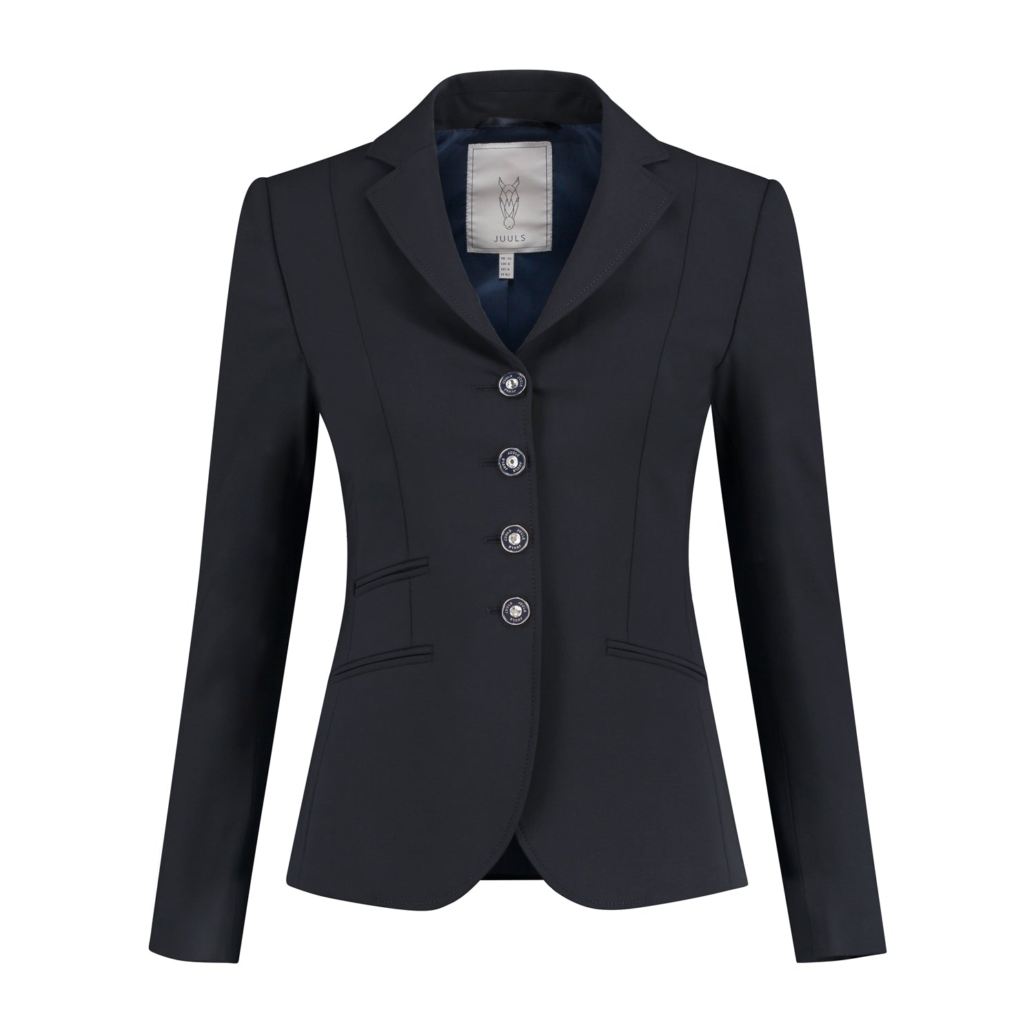 Front of navy JuulC Women's Competition Jacket with tone-on-tone accents in dark blue