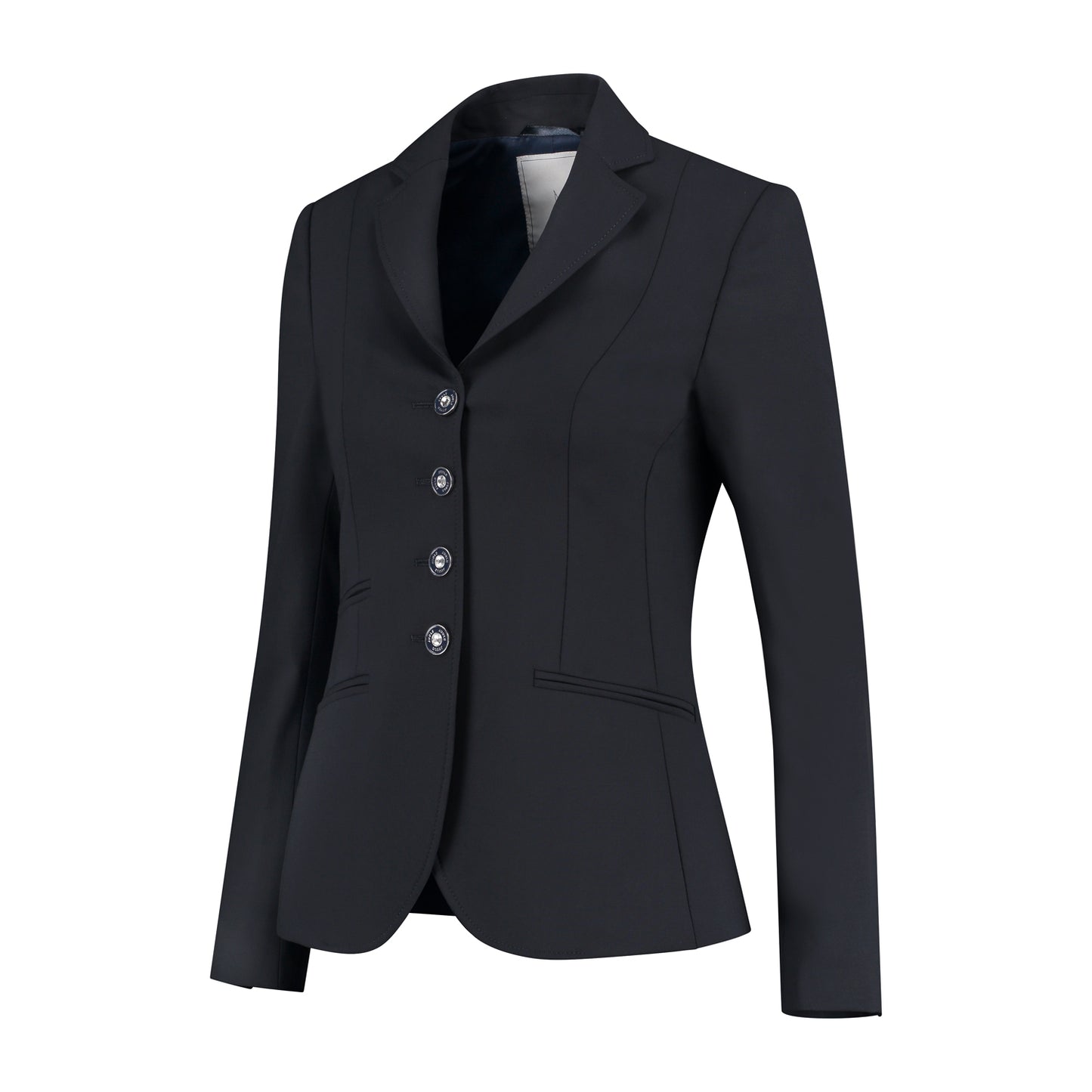 Side of dark blue JuulC Ladies' Show Coat in Classic Navy with tone-on-tone accents and details