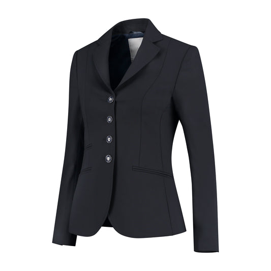 Side of dark blue JuulC Ladies' Show Coat in Classic Navy with tone-on-tone accents and details