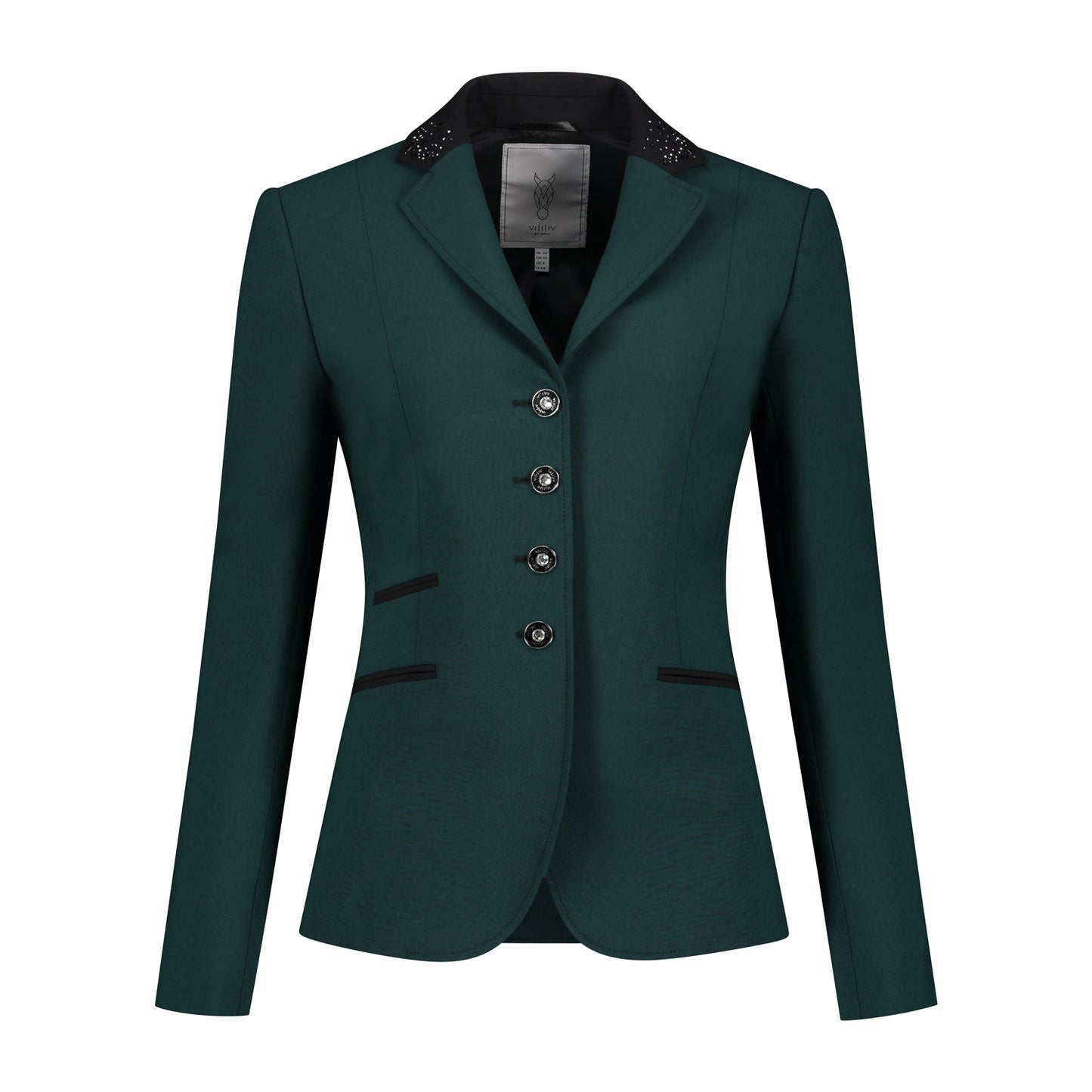 Front of emerald green JuulC Women's Show Coat with black accents and Swarovski crystals