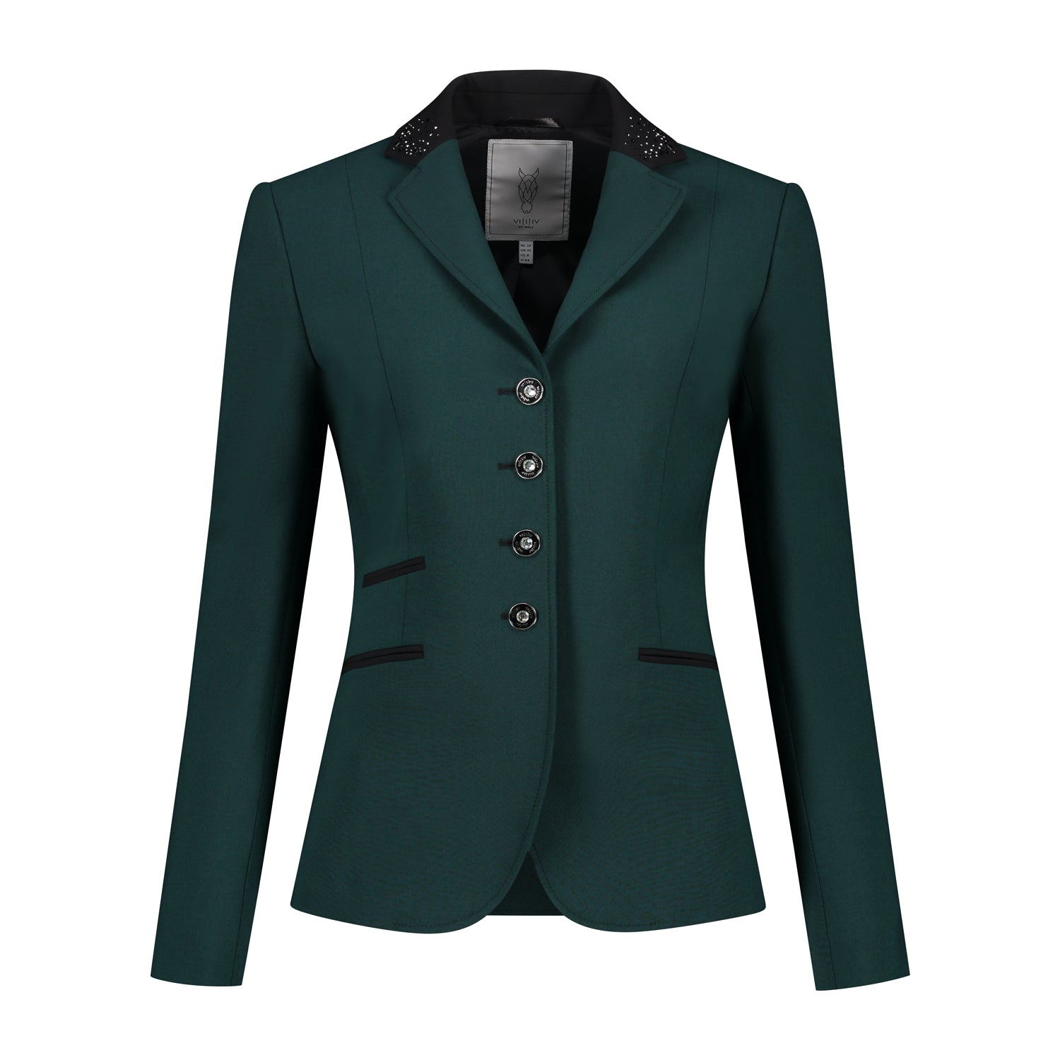 Front of emerald green JuulC Women's Show Coat with black accents and Swarovski crystals