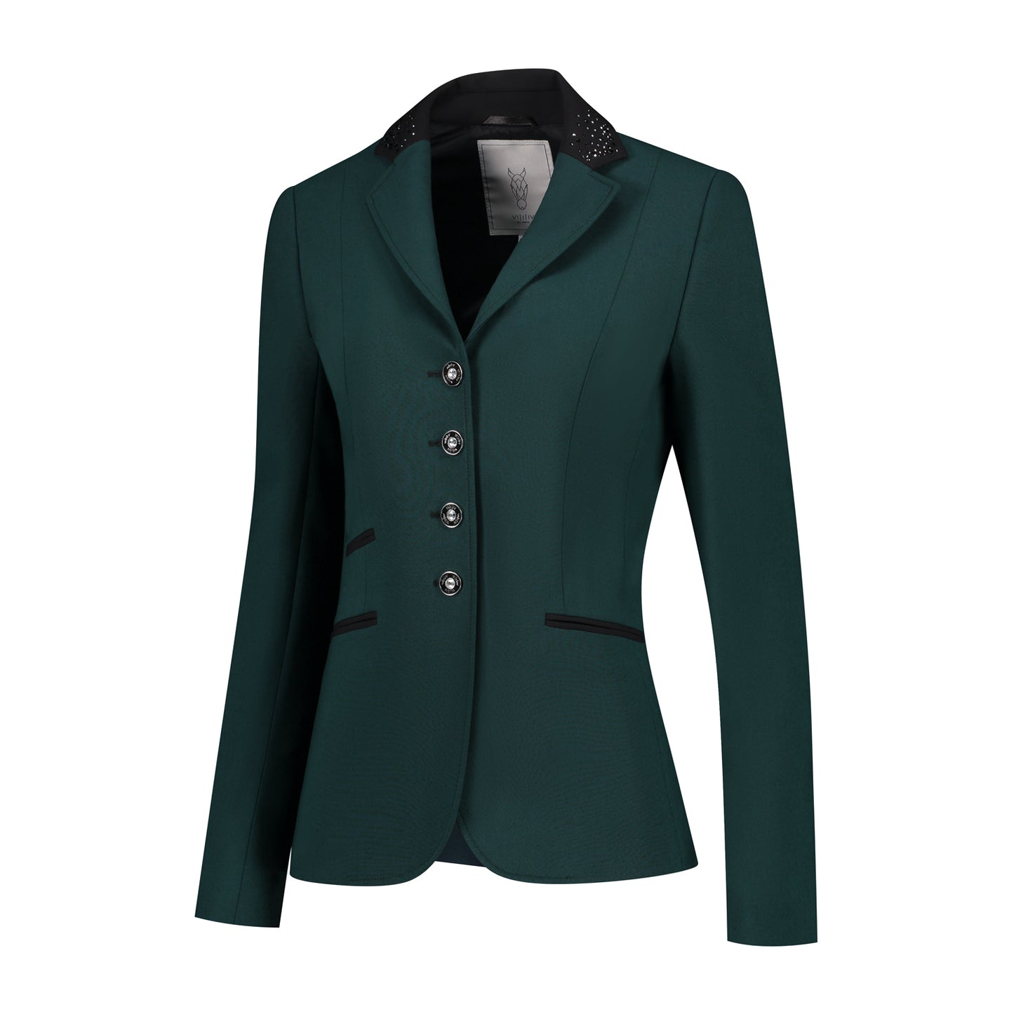 Side of JuulC Ladies' Show Coat in Emerald with black accents and Swarovski details