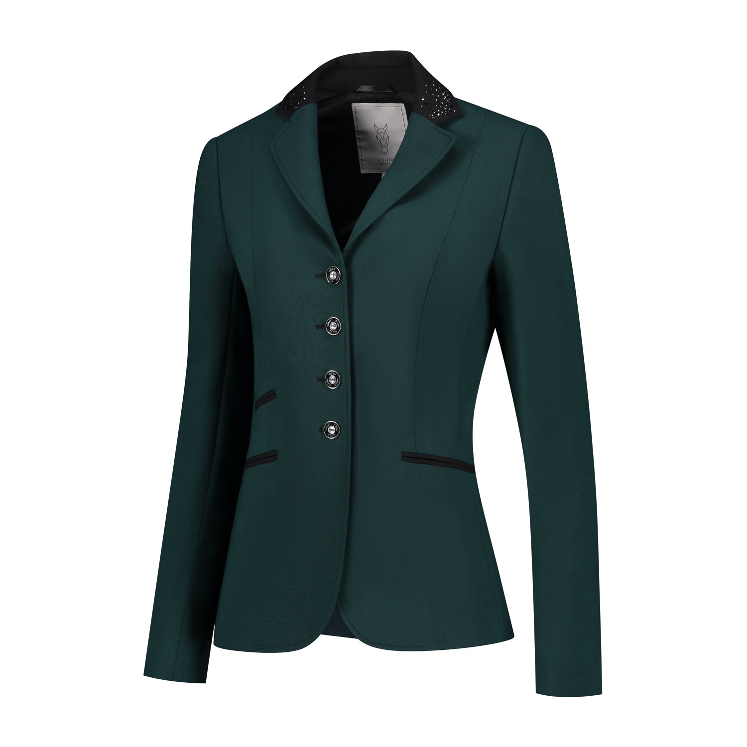 Side of JuulC Ladies' Show Coat in Emerald with black accents and Swarovski details