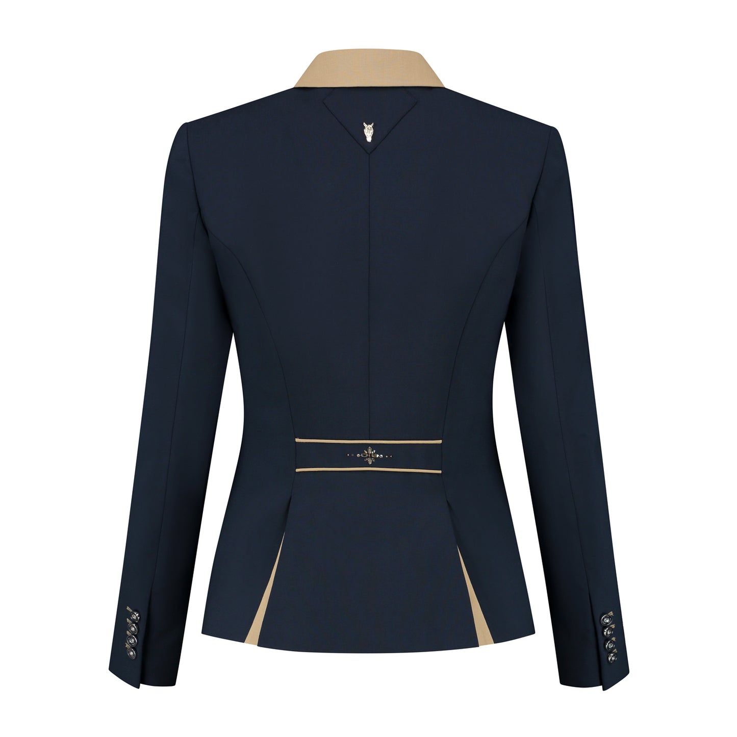 Back of dark blue JuulC Ladies' show jacket in Navy Almond with beige/taupe contrasts and Swarovski design on the back strap