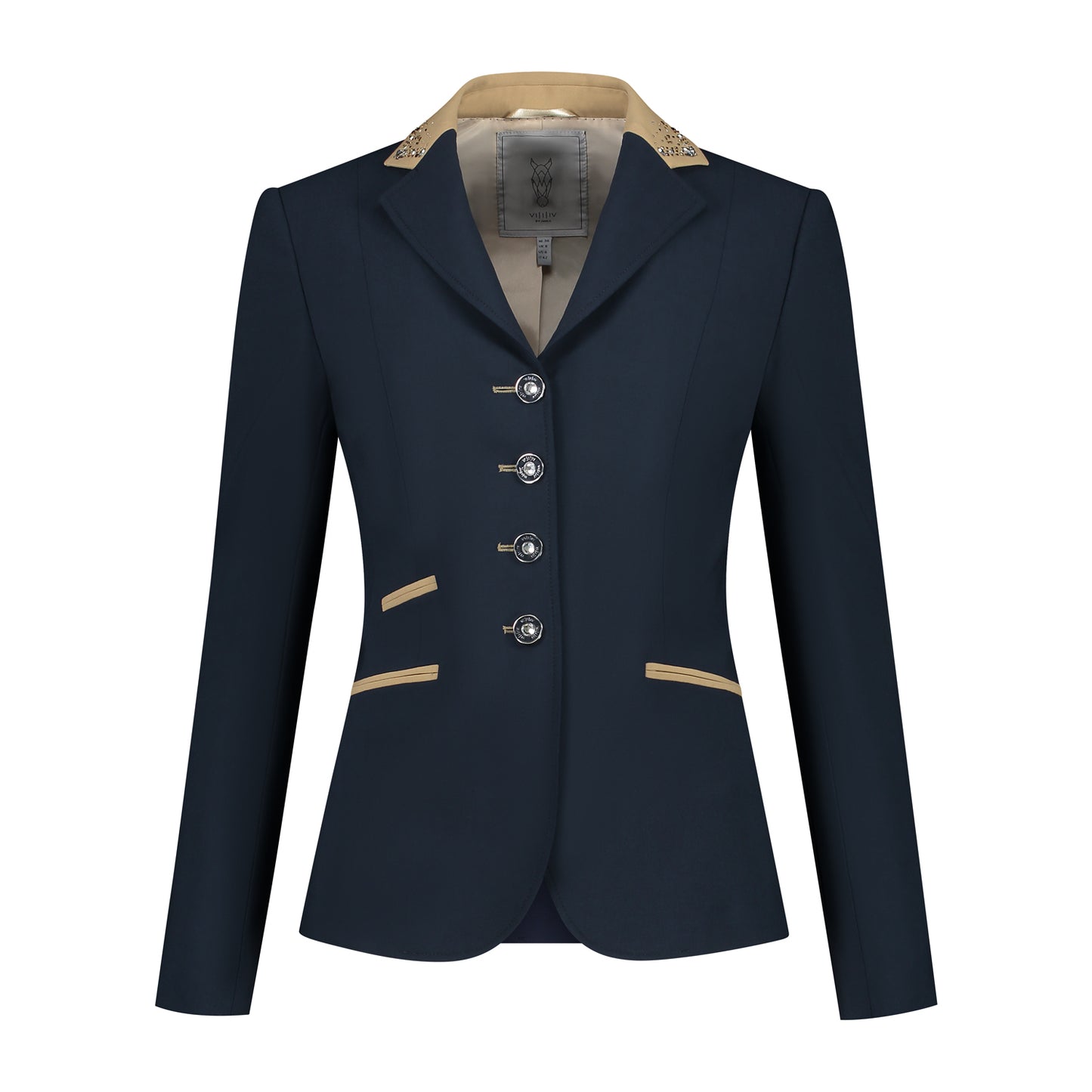 Front of dark blue JuulC Women's Competition Jacket with beige accents and Swarovski crystals